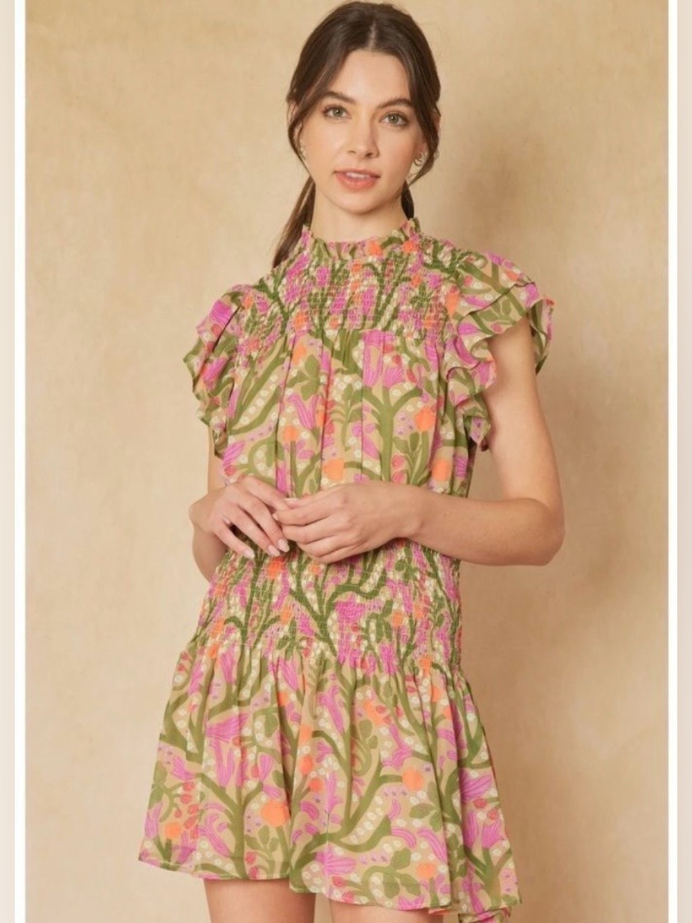 entro x Anthropologie Saturday in the Park Pink Green Floral Smocked Mini Size M